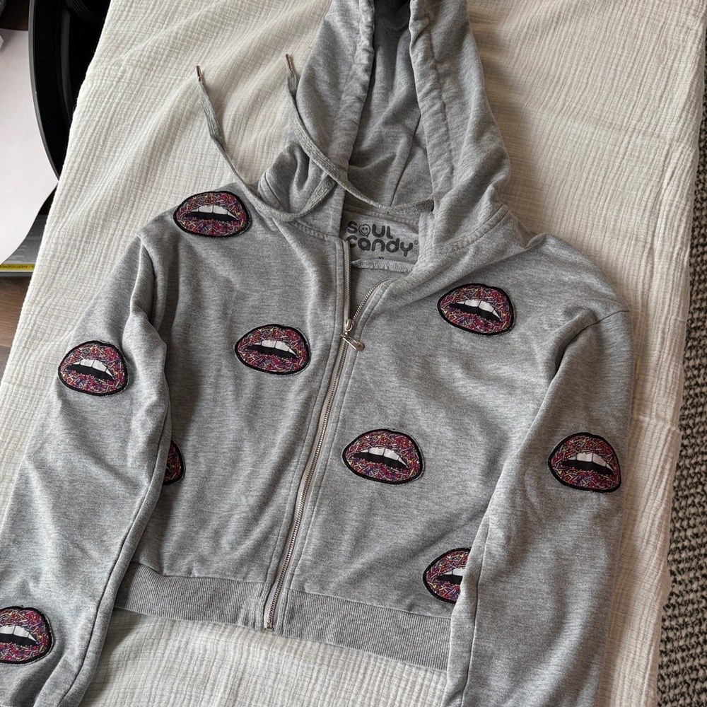 Gray Hoodie with Lip Print..Soul Candy